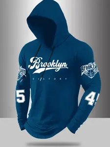 Classic Men's Long Sleeve Hooded Fitted Pullover Tee with Graphic Print, Casual Everyday Wear, Stylish Outdoor Clothing