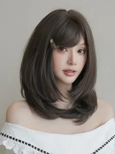 16 Inch Medium-length Straight Brown Wigs For Women, Pre Styled Wig, Shoulder Length Bob Straight Wigs, Bob Cut Wig, Synthetic Heat-Resistant Wig, Synthetic Hair Wigs, Natural Looking Fluffy, For Girls Music Festival Party Stree