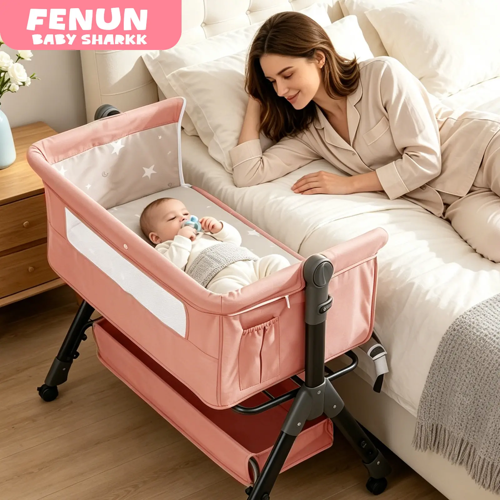 Baby Bassinet Crib, Crib for Infant&Newborn, Bedside Sleeper with Storage Basket and Mosquito Net, Easy to Fold, Height Adjustable, Portable Side Bed Crib Stock Up