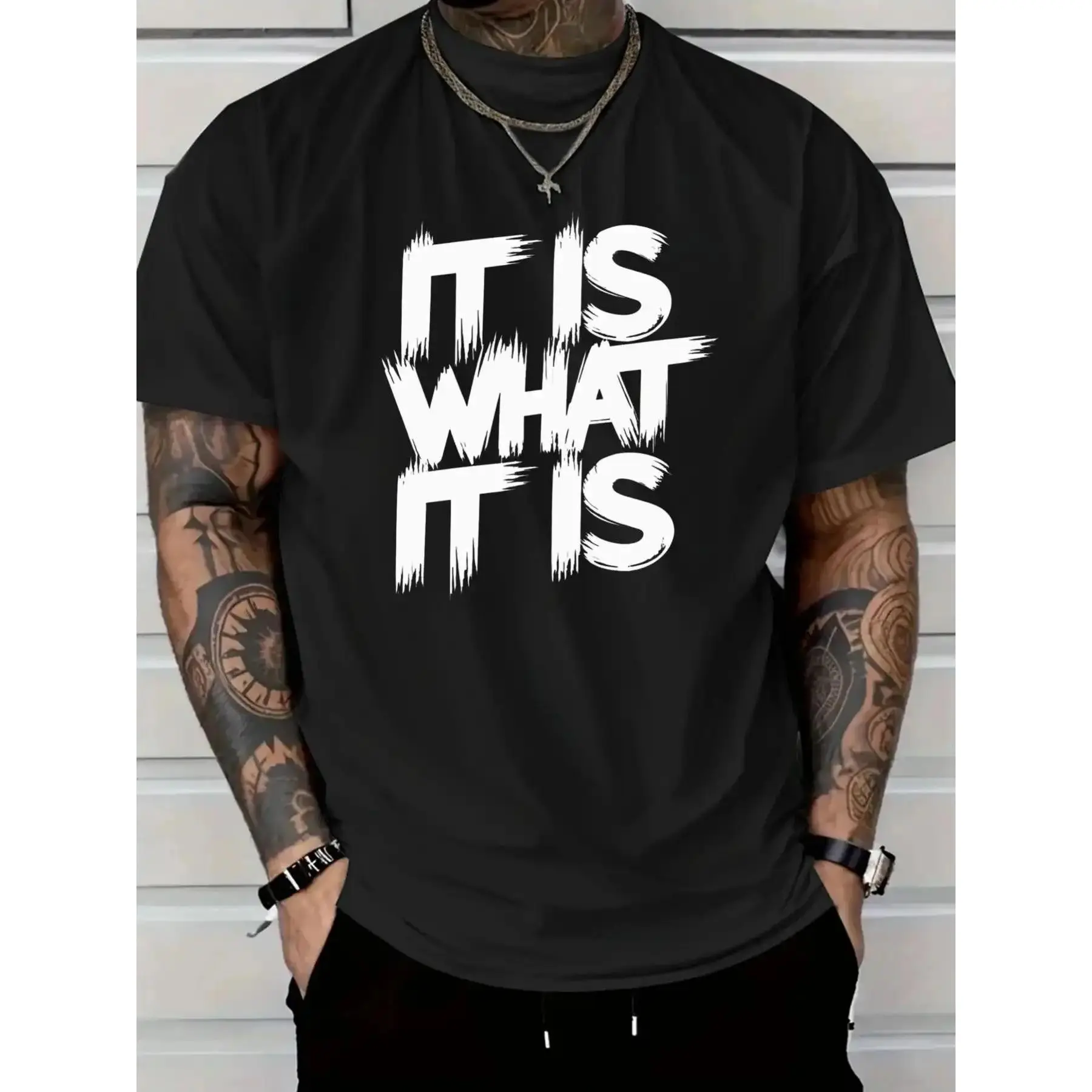 Men's "IT IS WHAT IT IS" Bold Print Short-Sleeve Cotton T-Shirt, Casual Menswear Top with Round Neck & Standard Fit, Streetwear Basic