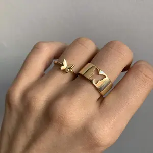 2count Hot Metal Split Ring Set Ins Personality Retro Butterfly Adjustable Ring 2-count Couple