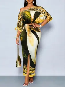 Women's Summer Baroque Style Print Off-Shoulder Fitted Two-Piece Set, Short Top and Split Long Skirt, Fashionable and Elegant