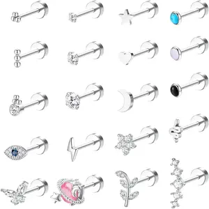 Sanfenly 20Pcs Stainless Steel Stud Earrings for Women Men, 20G Tiny Cartilage Earrings, CZ Star Moon Snake Heart Leaf Hypoallergenic Flat Back Earrings Piercing Jewelry