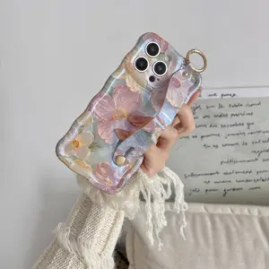 Wave Edge Blue Light Flower Art Oil Painting Phone Case, Full Coverage Anti-Drop Protection, Wrist Strap, Fits iPhone 11/12/13/14/15/16 Pro/pro Max