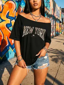 Women's Vintage New York Street Style Loose Fit Graphic T-Shirt, Spring Summer Casual Wear, Pattern Design Daily Dress, One-Shoulder Top