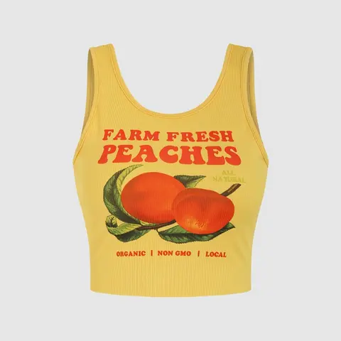 Women's Peach Fruit Print Scoop Neck Crop Top, Casual Sleeveless Ribbed Top for Summer, Ladies Clothes for Daily Wear Local Fun