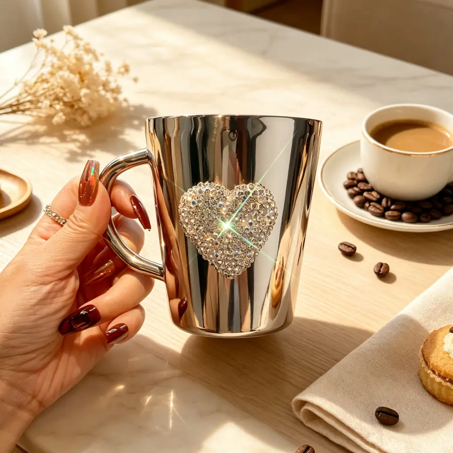 Sparkly rhinestone heart mini coffee mug, small-capacity cup made of 304 stainless steel, aesthetic handle water cup, cute office desktop drinking cup, gift for women