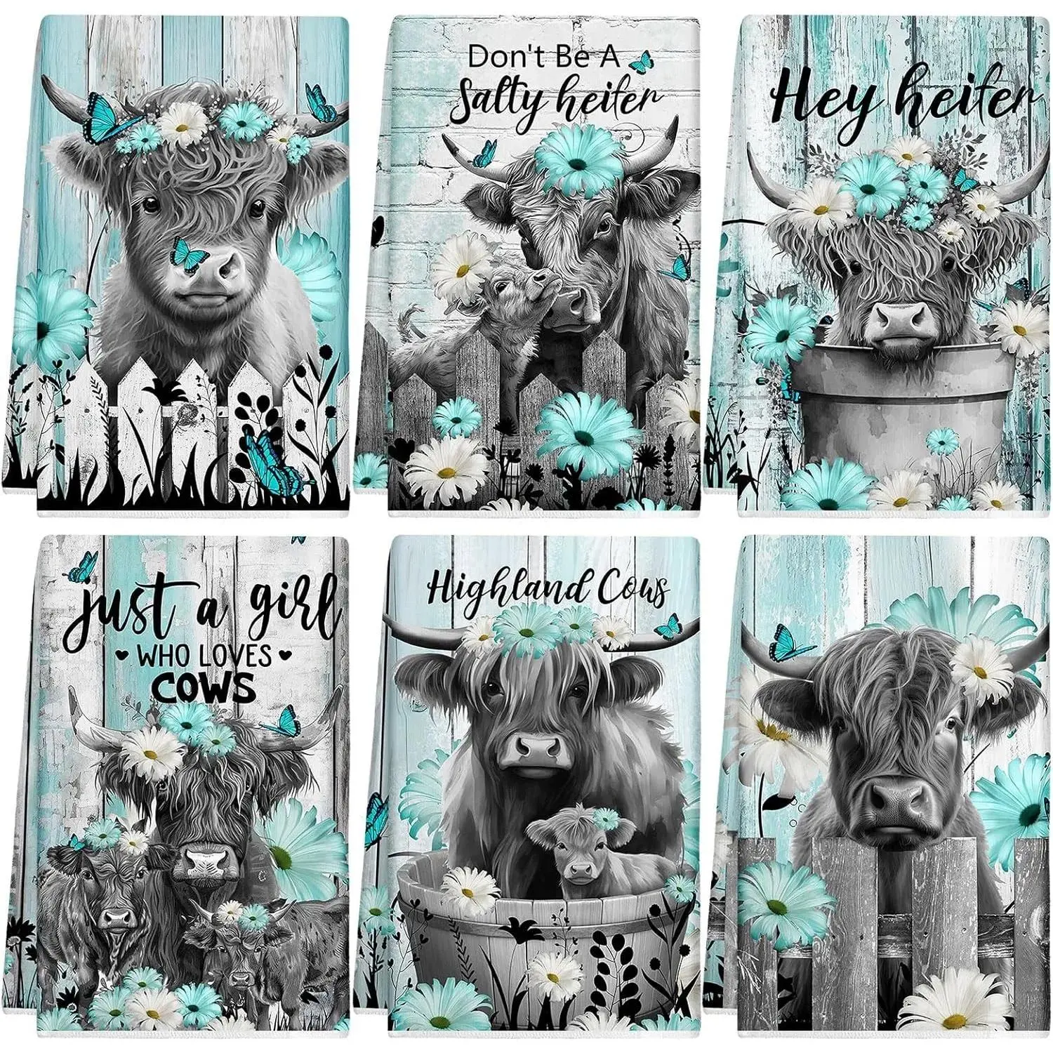 6-Pack Absorbent Highland Cattle Kitchen Towels - Durable, Machine Washable, Colorful Animal Print Cleaning Cloths (14x21 in), Cold Wash Safe, Multifunctional Kitchen Use, Practical Thanksgiving Gift for Friends, Colleagues