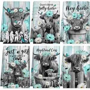 Set of 6 Highland Cattle Kitchen Towels Highland Cow Vintage Themed Dish Towel Bathroom Decorative Rustic Cloths for Kitchen Bathroom Home Cooking Housewarming Gifts, 14 x 21 Inch