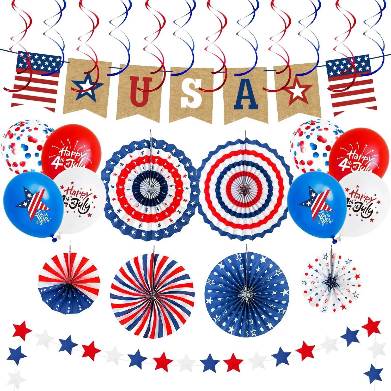 28 PCS 4th Fourth of July Decorations, 250th Patriotic Party Supplies for Independence Day, Red White Blue USA Flag Banner, Paper Fans, Hanging Swirls, Star Streamers, Balloons for Memorial Day Decor