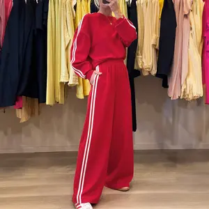 MULLVEIG Women's Casual 2 Piece Set - Varsity Striped Crewneck Long Sleeve Pullover & Elastic Sweatpants Casual Sweatsuits Everyday Wear