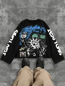 Unisex Cyberpunk Statue Loose Long Sleeve T-Shirt, Blue Ink Splatter Background, Vintage Graphic Print, Screen Details, Breathable Cotton Blend Fabric, Streetwear