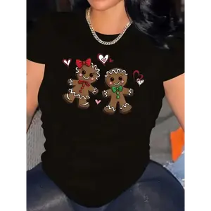 Plus Size Graphic Tee For Women, Halloween Gingerbread Print Crew Neck T-Shirt, Medium Stretch, Short Sleeve, Knit Fabric Pullover
