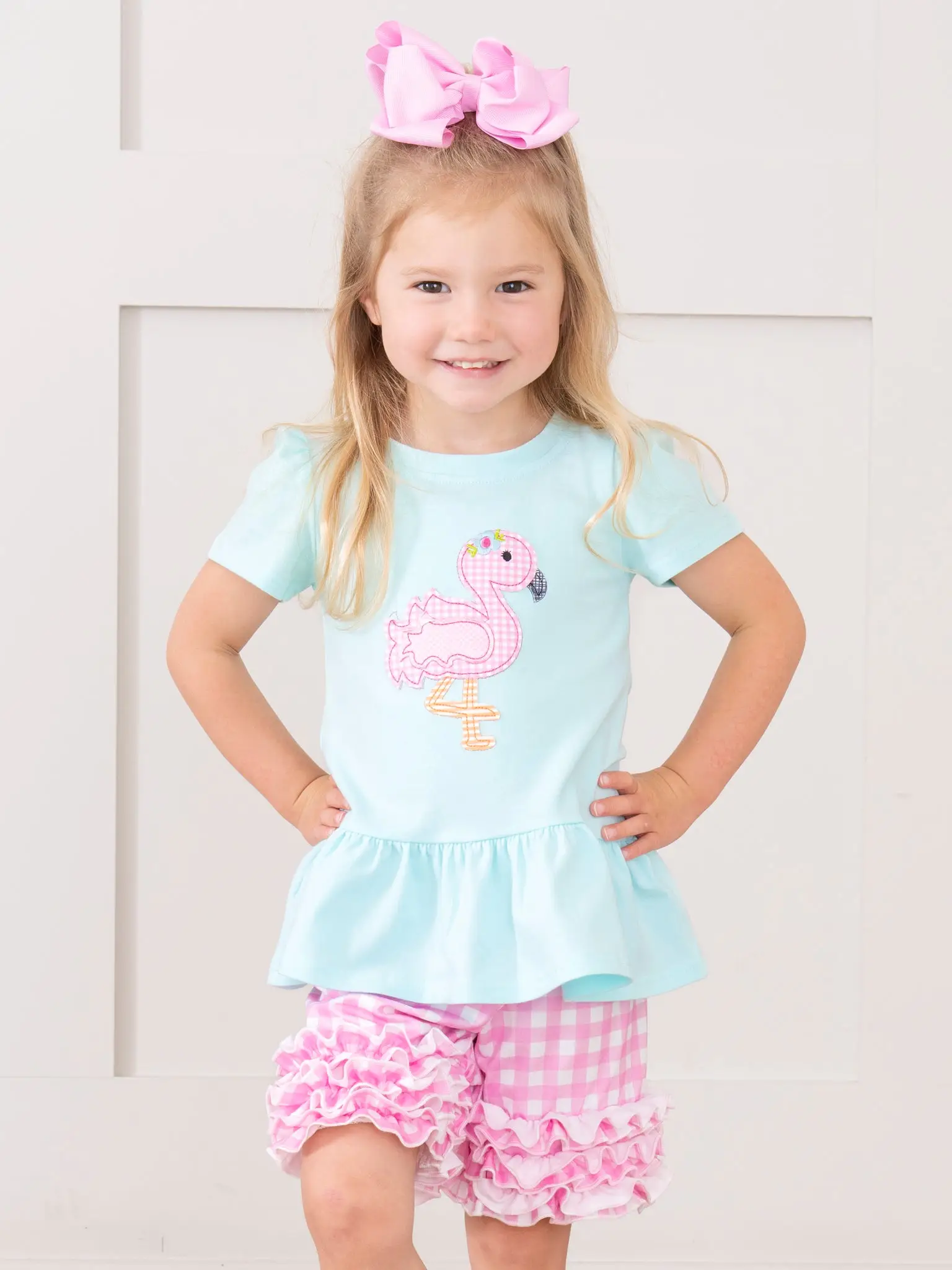 Pink Gingham Flamingo Ruffle Outfit