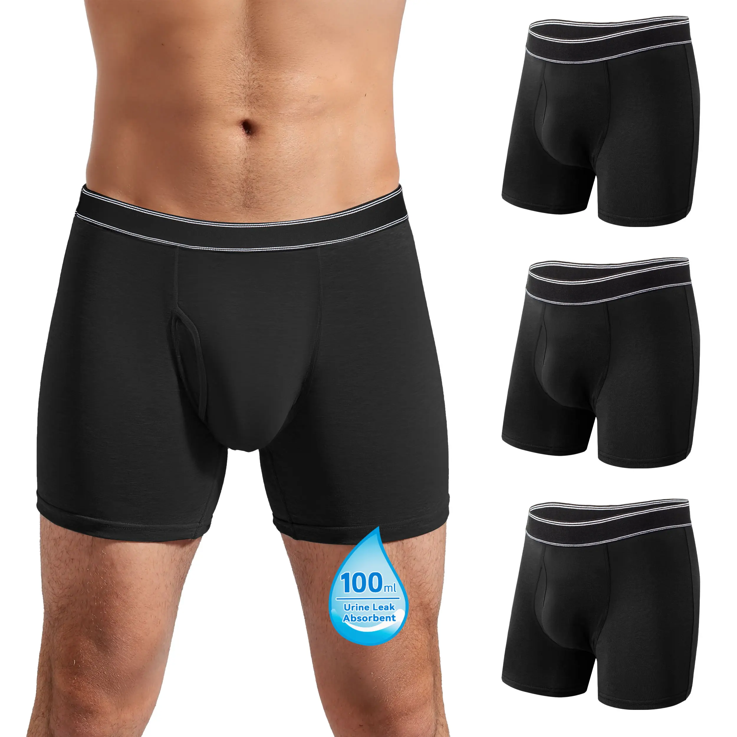 Mens Washable Cotton Boxer Briefs - Menswear Protective Incontinence Underwear, Elastic Plain Boxers, 100ml Absorbency Leakproof Design
