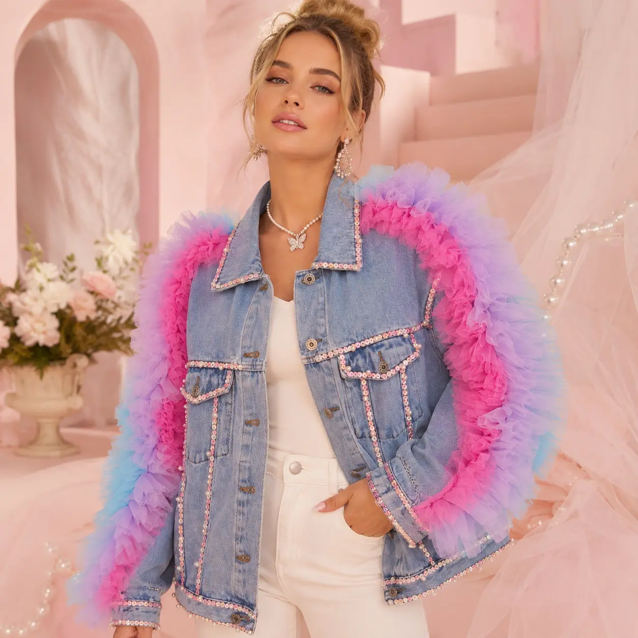 #243 LunaSparkle handmade designer Denim Jacket with Personalized Mesh Decoration
