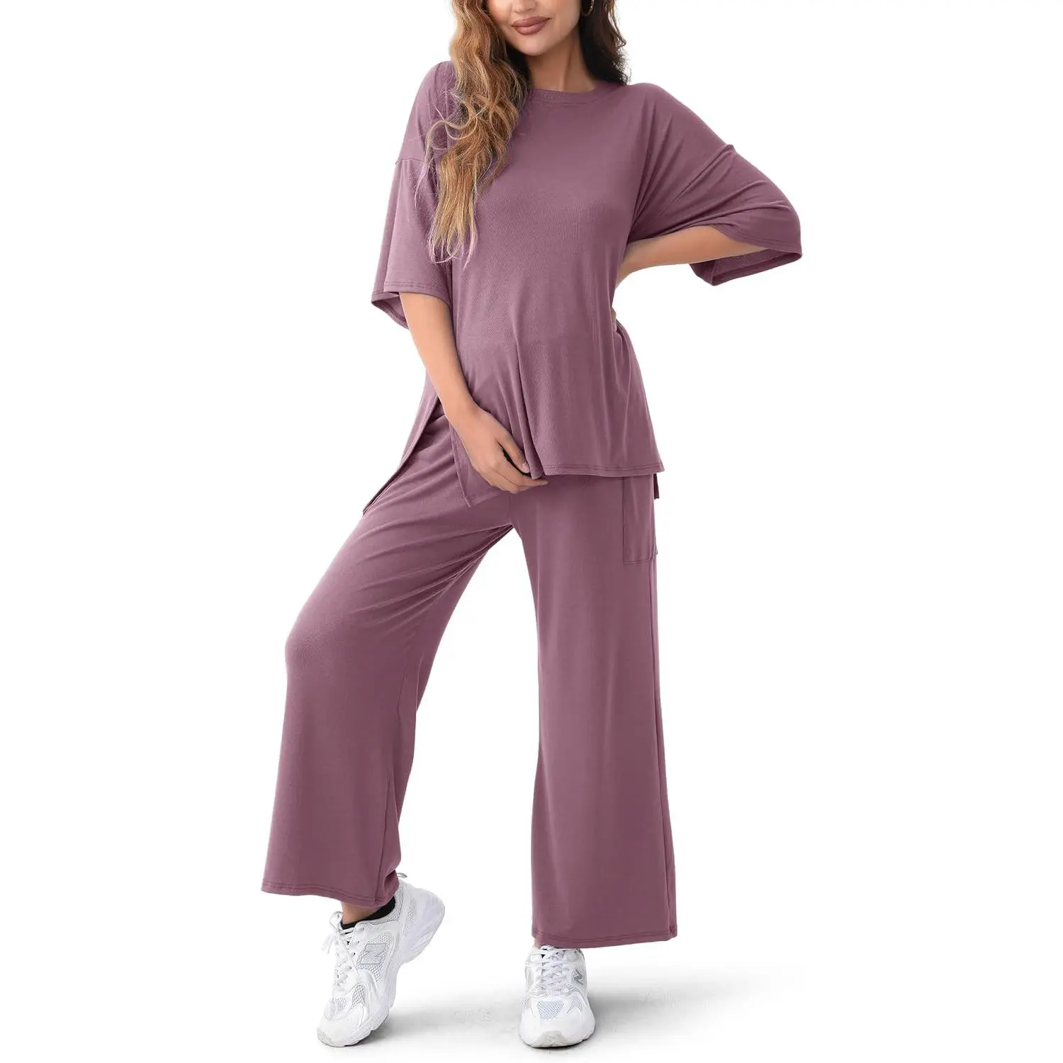 Casual Fit Maternity Lounge Set, Plain 2 Piece Summer Matching Outfits with a Loose-Fitting Top and Adjustable Long Pants, Pregnancy, Short Sleeve