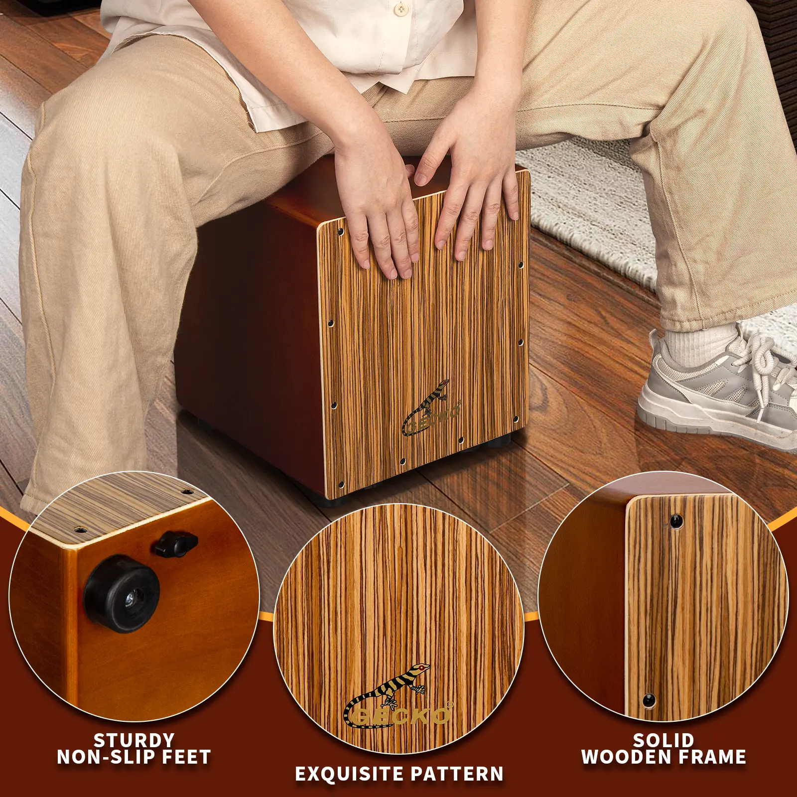 GECKO Cajon Drum Box - 12" Beginner Drum Kit, Light Percussion Instrument with Snare & Bass Tone, Tool-Free Internal Adjustable Guitar Strings for Beginners & Pros, Compact for Acoustic Music