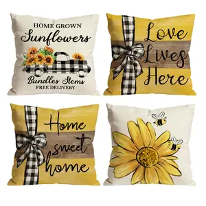 Happy Mother's Day Sunflower Farmhouse Throw Pillow Covers Set of 4 | Buffalo Plaid Truck Home Sweet Home Bee Cushion Covers For Sofa Couch 0418YH