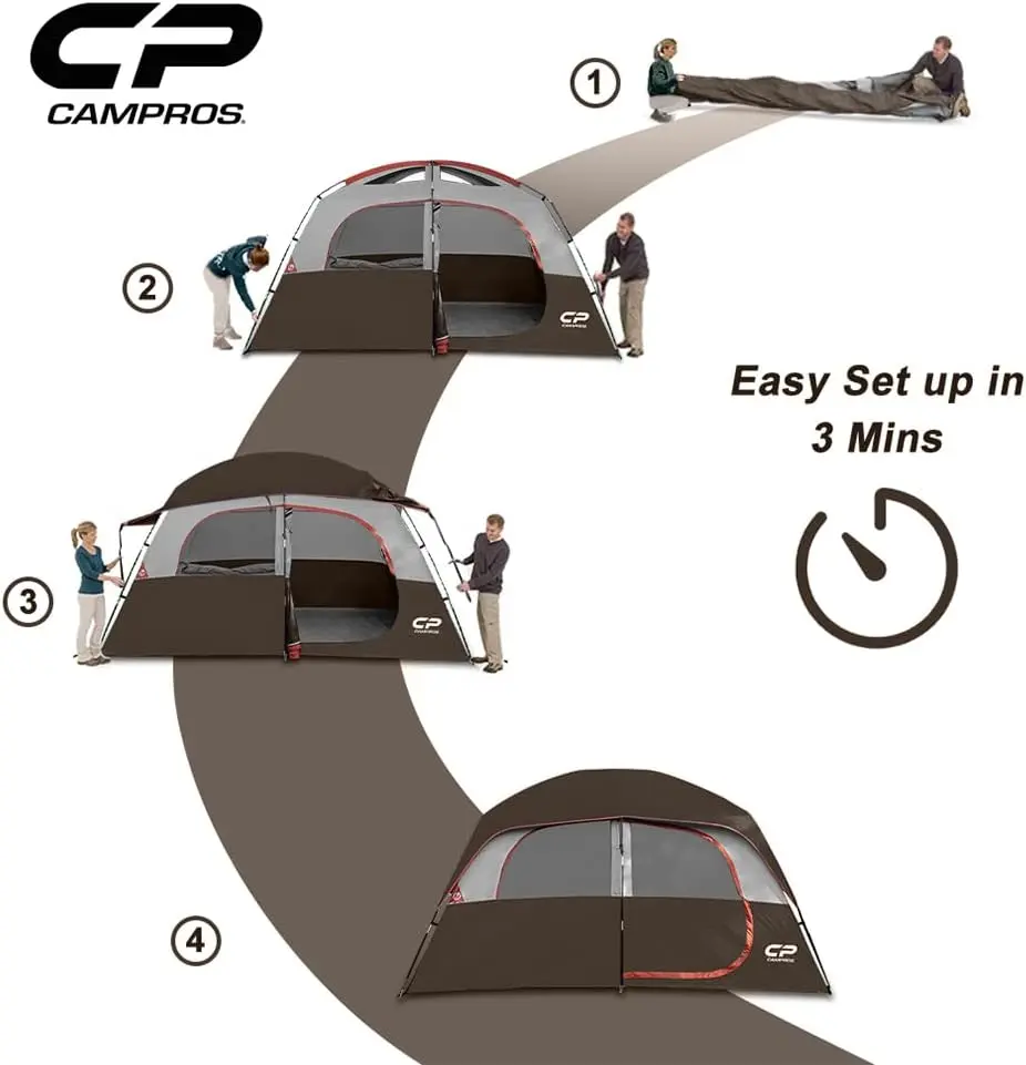CAMPROS Tent-6/8-Person-Camping-Tents, Waterproof Windproof Family Tent with Top Rainfly, 4 Large Mesh Windows, Double Layer, Easy Set Up, Portable with Carry Bag, for All Seasons
