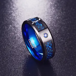 Men's Tungsten Carbide Ring Blue Black Dragon Pattern Zircon Band