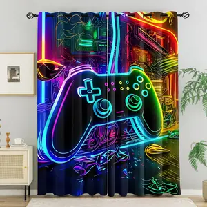 Cool Gaming Controller Print Curtain, Neon Cyberpunk Style Fashion Light Blocking Drapes, Detachable Easy Clean Dustproof Durable Home Decor