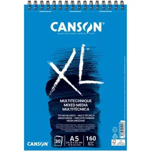 XL Mixed Media 160gsm A5 Paper, Light Grain, Spiral Pad Short Side, 30 White Sheets, for Professional Artists & Students