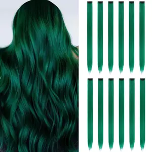 12 count Colored Green Hair Extensions Party Highlights Colorful Clip in Hair Extensions 22 Inch Straight Synthetic Hairpieces for Women  Girls Halloween Christmas (Green)