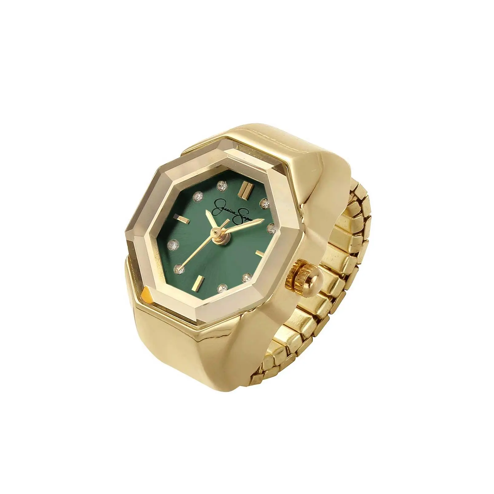 Faceted Bezel Crystal Ring Watch in Gold & Green