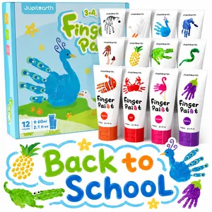 Jupitearth 27-Piece Toddler Finger Paint Toys Set - 12 Vibrant Non-Toxic Washable Baby-Safe Colors, Ages 1-3, Includes Apron, Brush, Palette, Eye Stickers, Durable Portable, Ideal for Early Learning, Beige Star