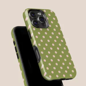 Olive Green and Pink Polka Dot Phone Case - Compatible with iPhone and Samsung phones |   Aesthetic style, waterproof and shockproof smartphone case with full protection, double-layered and detachable, stylish gift idea.