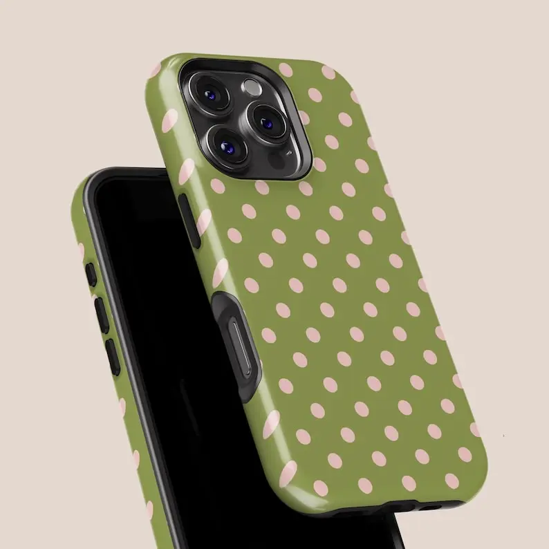 Olive Green and Pink Polka Dot Phone Case - Compatible with iPhone and Samsung phones | Aesthetic Olive Green and Pink Polka Dot Phone Case - Compatible with iPhone and Samsung phones | Aesthetic