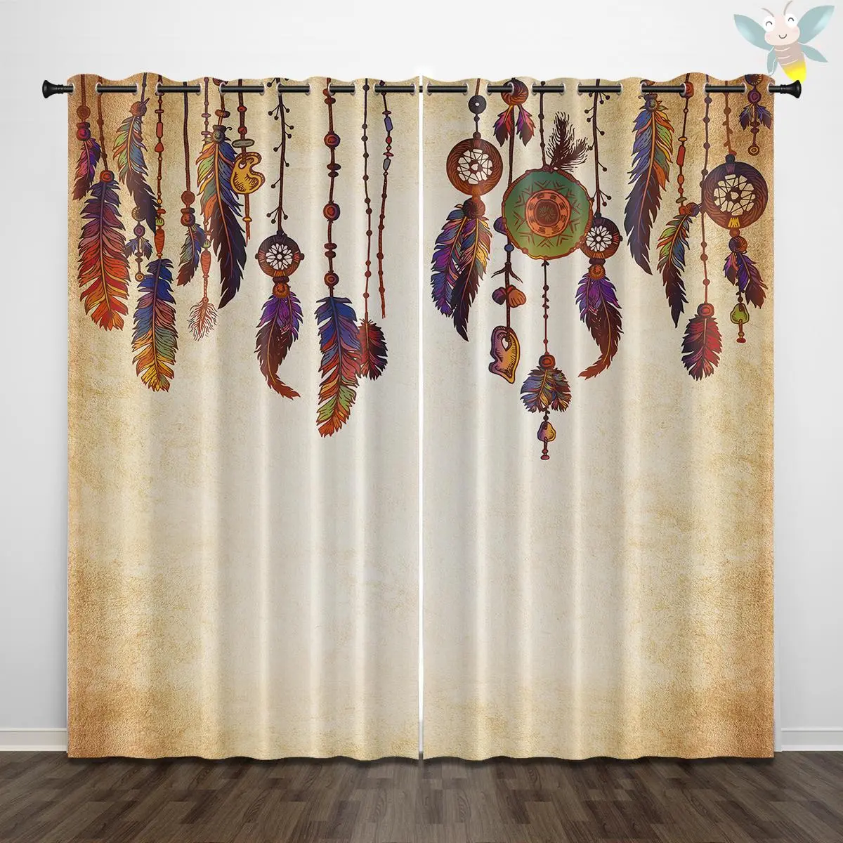 Retro Dream Catcher Pattern Curtain, 2 Counts/set Light Blocking Heat Insulation Door Curtain, Door Curtain for Home Bedroom Living Room Glass Door Decoration