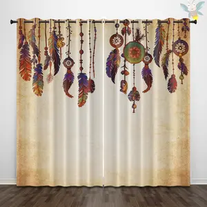 Retro Dream Catcher Pattern Curtain, 2 Counts/set Light Blocking Heat Insulation Door Curtain, Door Curtain for Home Bedroom Living Room Glass Door Decoration