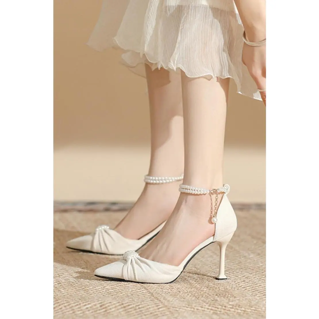 Audrey Velvet & Pearl Pointed High Heel - Ivory