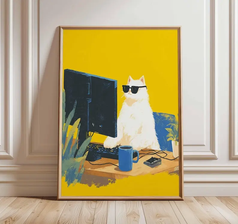 [Sale off up to 50%] [Free ship] [No Frame] Cool Cat Computer Poster, Funny Animal Wall Art, Modern Quirky Digital Illustration for Home Office Decor