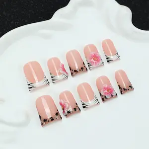 10 square handmade nail tips, Y2K, 3D stereoscopic, carved, pink, leopard print, zebra print, hand drawn design, nail art patches, suitable for women's nail stickers, date, daily wear shiny nails, including tool kit, Handmade Press On