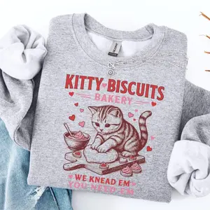 Valentines Cat Sweatshirt Kitty Biscuits Bakery Sweater Funny Vday Cat Lover Pullover Cute Kitten Baking Cookies Love Crewneck Girlfriend Unisex Fashionable Casual 100% Cotton Eco-friendly