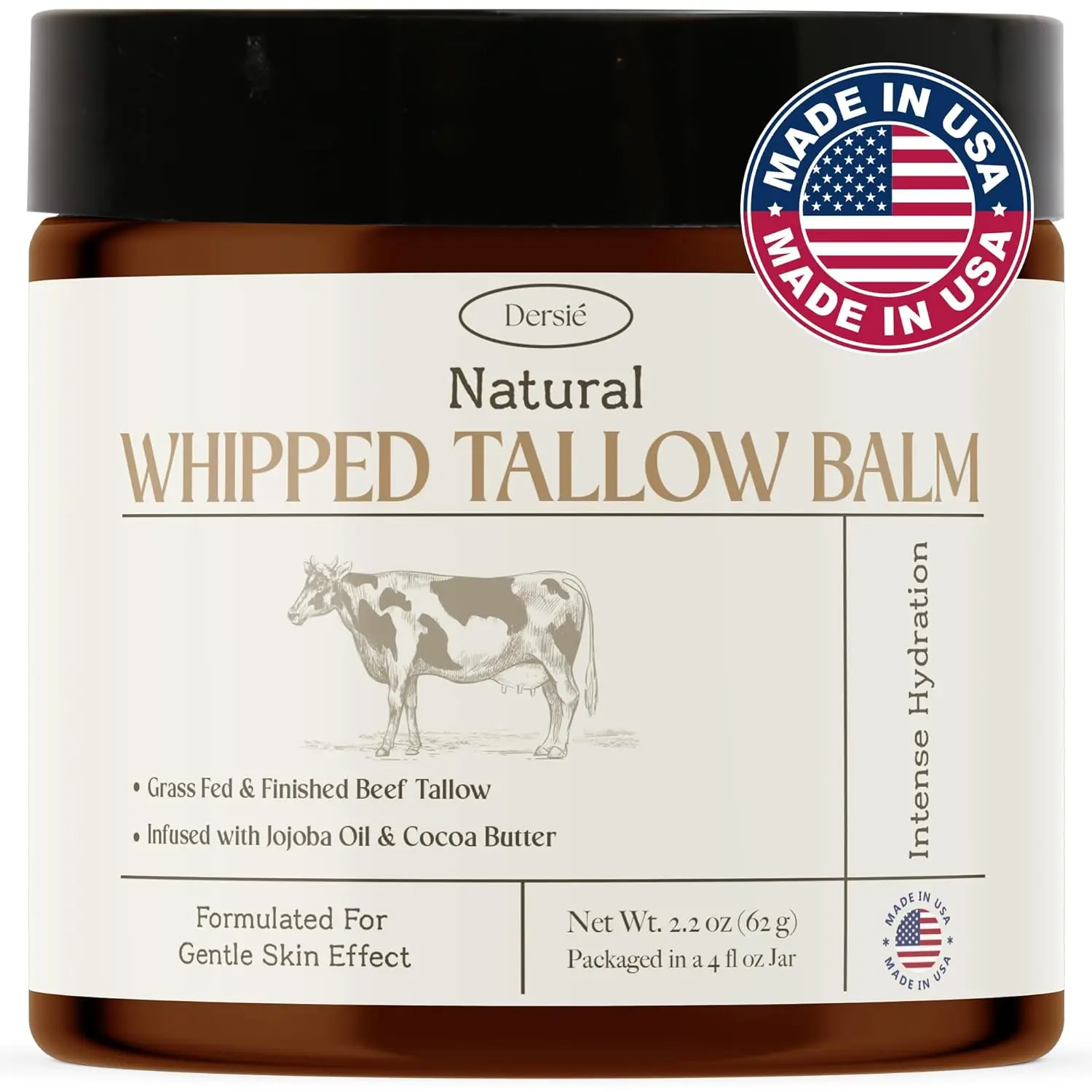 Dersie Beef Tallow for Skin: 100% Grass-Fed Whipped Tallow Balm for Deep Hydration & Soothing – Suitable for Dry, Sensitive & Mature Skin, Safe for Kids & Babies (Made in USA)