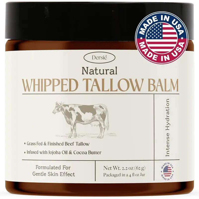 Dersie Organic Beef Tallow Balm - 100% Grass Fed Whipped Tallow Balm for Face & Body - 4 fl oz - Made in USA - Natural Ingredients Only - Intense Hydration Moisturizer for All Ages & Skin Types