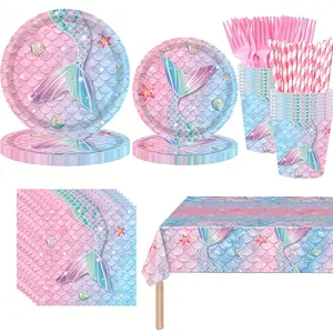 145 Pcs Mermaid Party Supplies Set, Disposable Under The Sea Tableware with Plates, Cups, Napkins, Cutlery, Straws & Tablecloth, Magical Mermaid Tail Decor for Kids Birthday, Pool & Beach Parties event