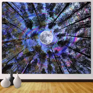 1pc Trippy Tapestry for Bedroom Tapestry Trippy Moon for Women Home Decor 51x60 Inches Psychedelic Sky Tapestry Ceiling Tapestry for Dorm Room for Trippy Forest Room Decor for Female(51X60in)