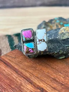 Handmade Sterling Silver Cotton Candy with Wildhorse Magnesite Adjustable Ring "Signed Nizhoni"