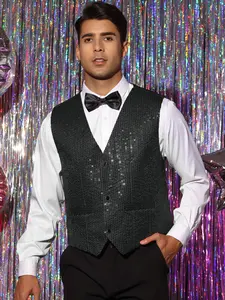 INSPIRE CHIC Shiny Sequin Vest for Men's V-Neck Party Sleeveless Suit Waistcoat