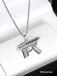 Street Hip-Hop Submachine Gun-Shaped Pendant Necklace, Shiny Blingbling Punk Style Rapper Accessory for Men Women, Daily Matching Jewelry, Trendy Charms Necklace