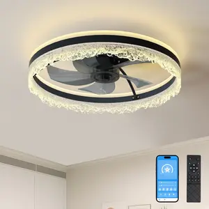 20" Smart Silent Ceiling Fan with Light Crystal Flush Mount LED Fan Lamp Hidden Blades Natural Airflow System for Bedroom Kids Room Study