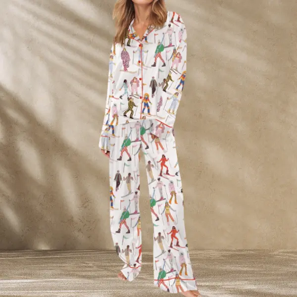Ski Pajama Set for Women - Fun Long Sleeve Top & Matching Pants Featuring Colorful Skiing Designs for Cozy Comfort