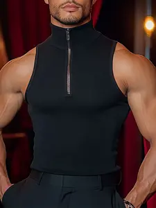 INCERUN Men's Fashion Casual Solid Color Zip Texture Vest, Summer Streetwear or Gym Wear, Fitness Workout Vest, Yoga Sports Vest, Comfortable and Stylish Backless Design