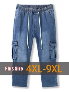 Men's 4XL-9XL Loose Fit Cargo Jeans Stretch Elastic Waist Denim Plus Size Menswear Trouser