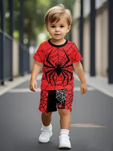Cool Sports Printed Toddler Short-sleeve Set with Red and Black Spider Web Pattern, Casual Baby Clothing. This T-shirt Set is suitable for daily wear and outdoor activities. Made of 100% polyester, it is a perfect gift for infants and toddlers!